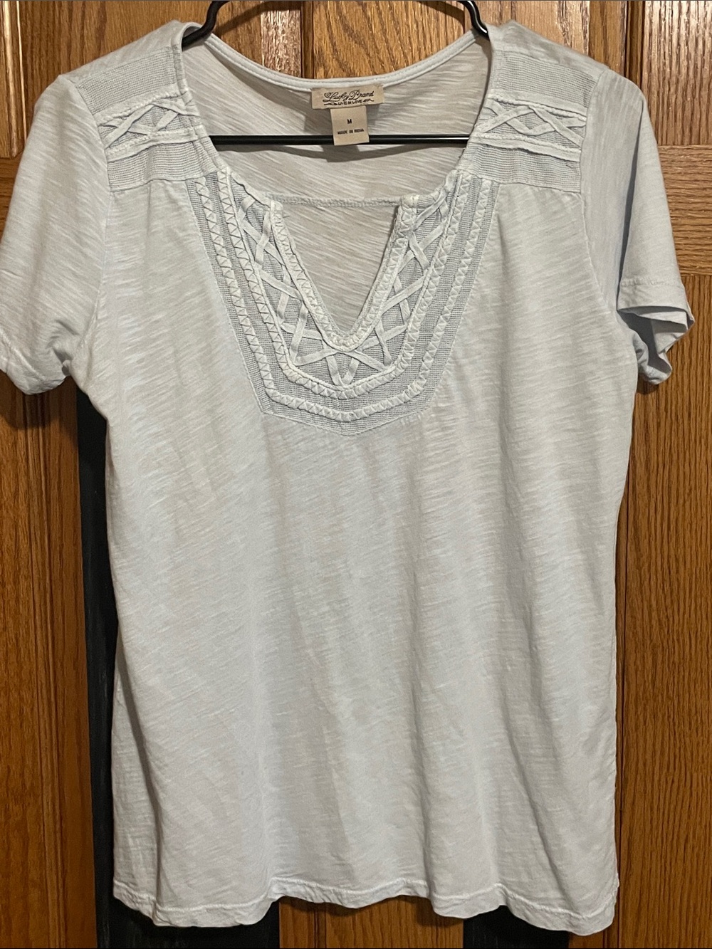 Lucky Brand Women's Pale Blue Short Sleeve Embroidered Scoop Top